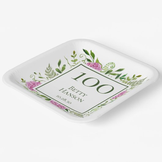 第100誕生日ピンクアジサイ ペーパープレート (傾斜あり)