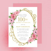 第100誕生日ピンクローズフローラ金ゴールド 招待状