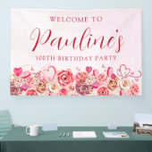 第100誕生日ピンクローズ渦巻形のハート歓迎 横断幕 (トレードショー)