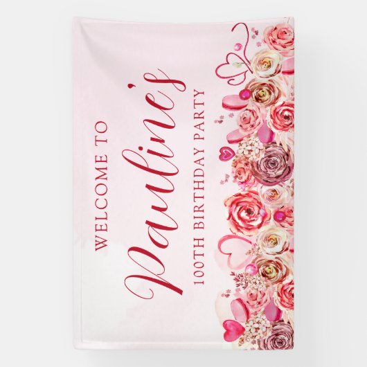第100誕生日ピンクローズ渦巻形のハート歓迎 横断幕 (縦)