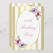 第100誕生日ピンク薄紫フローラホワイトストライプ金ゴールド 招待状 (正面/裏面)