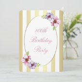 第100誕生日ピンク薄紫フローラホワイトストライプ金ゴールド 招待状 (スタンド正面)