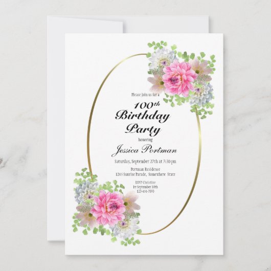 第100誕生日ピンク金ゴールドパーティの招待状 招待状 (正面)