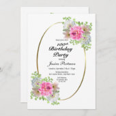 第100誕生日ピンク金ゴールドパーティの招待状 招待状 (正面/裏面)