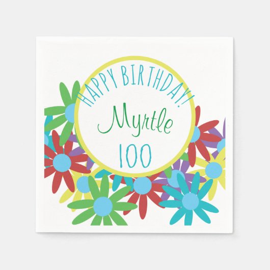 第100誕生日フローラパーソナライズされた紙ナプキンス スタンダードカクテルナプキン (正面)