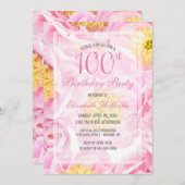 第100誕生日フローラピンク牡丹水彩パーティー 招待状 (正面/裏面)