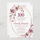 第100誕生日ブルゴーニュ赤面ピンクワイルドフラワー 招待状 (正面/裏面)