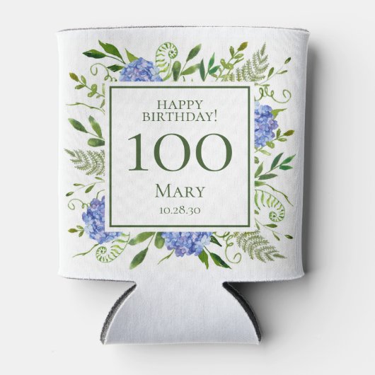 第100誕生日ブルーアジサイ 缶クーラー (正面)