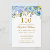 第100誕生日ブルーエレガント金ゴールドフローラ招待状 招待状 (正面/裏面)