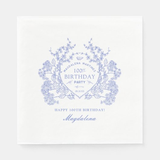 第100誕生日ブルーフランスのフローラクレストカスタム スタンダードランチョンナプキン (正面)