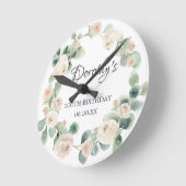 第100誕生日ホワイトローズフローラユーカリリース ラウンド壁時計 (傾斜)