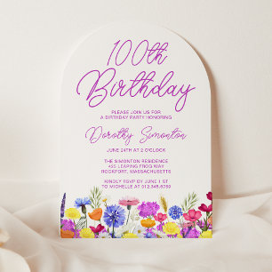 第100誕生日ボホパープルワイルドフラワーアーチ 招待状