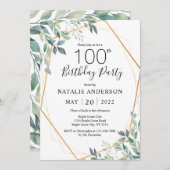 第100誕生日ユーカエレガントリ・グリーンリー&金ゴールド 招待状 (正面/裏面)
