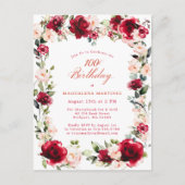 第100誕生日レッドローズピンク牡丹招待状 ポストカード (正面)