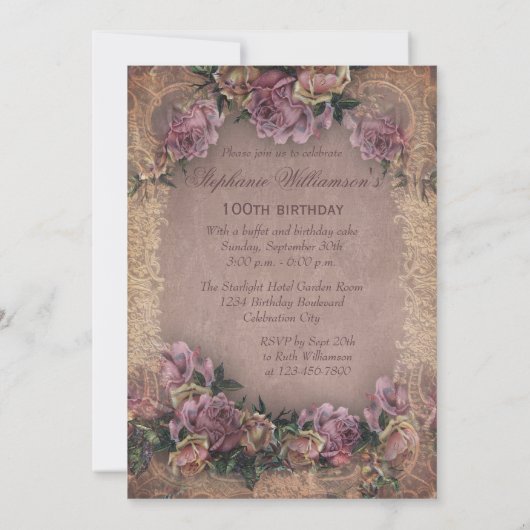 第100誕生日ロマンチックヴィンテージバラとレース 招待状 (裏面)