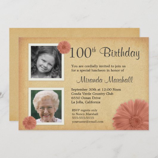 第100誕生日ヴィンテージデイジー2フォト招待状 招待状 (正面/裏面)
