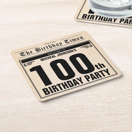 第100誕生日ヴィンテージ新聞おもしろいユニークカスタム スクエアペーパーコースター (アングル)