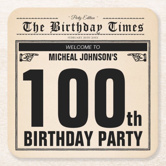 第100誕生日ヴィンテージ新聞おもしろいユニークカスタム スクエアペーパーコースター (正面)