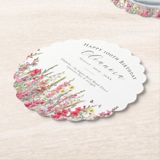 第100誕生日威厳がある誕生花カスタム ペーパーコースター (アングル)