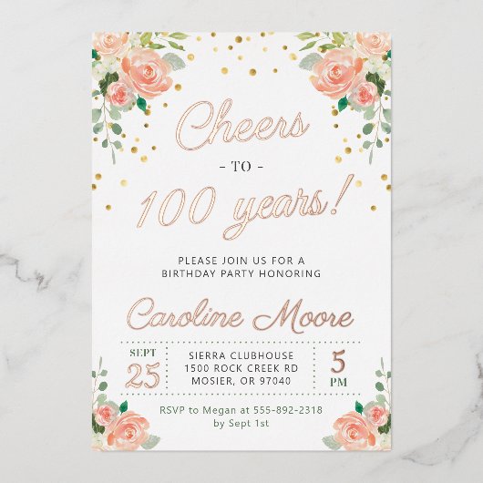 第100誕生日応援100年レディースバラ金ゴールドF 箔招待状 (正面)