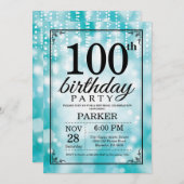 第100誕生日招待状ティール（緑がかった色）グリッター 招待状 (正面/裏面)