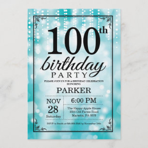 第100誕生日招待状ティール(緑がかった色)グリッター 招待状