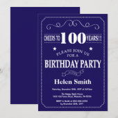 第100誕生日招待状ネイビーブルー&ホイット 招待状 (正面/裏面)