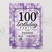 第100誕生日招待状パープルグリッター 招待状 (正面/裏面)