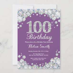 第100誕生日招待状パープルシルバーダイヤモンド 招待状