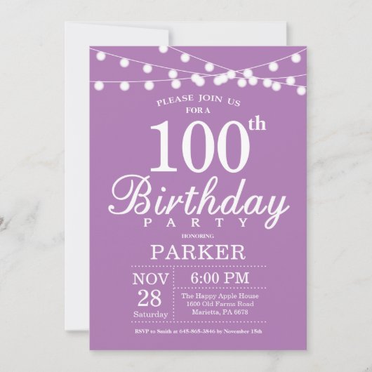第100誕生日招待状パープルラベンダー薄紫 招待状 (正面)