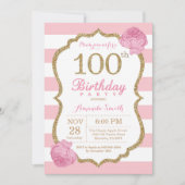 第100誕生日招待状ピンクと金ゴールドフローラ 招待状 (正面)