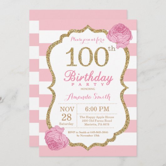 第100誕生日招待状ピンクと金ゴールドフローラ 招待状 (正面/裏面)