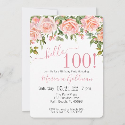 第100誕生日招待状ピンクフローラモダンパーティー 招待状 (正面)