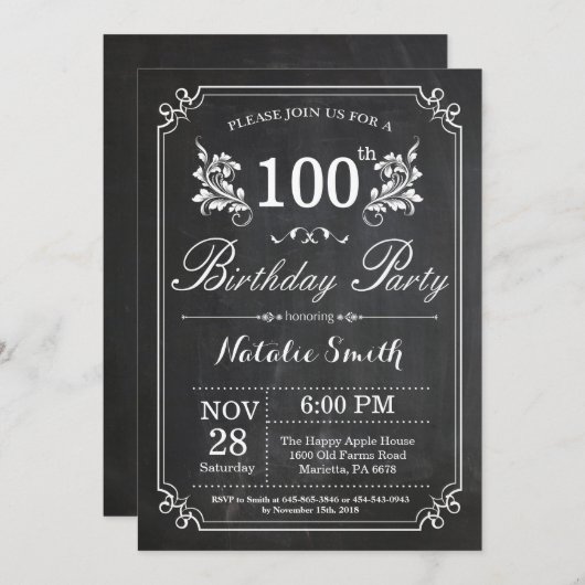 第100誕生日招待状フローラシャルボード 招待状 (正面/裏面)