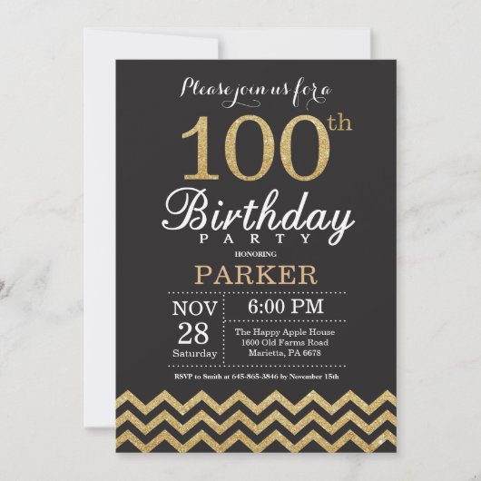 第100誕生日招待状ブラックおよび金ゴールドグリッター 招待状 (正面)