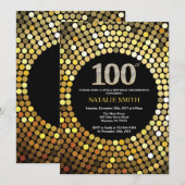 第100誕生日招待状ブラックおよび金ゴールドグリッター 招待状 (正面/裏面)