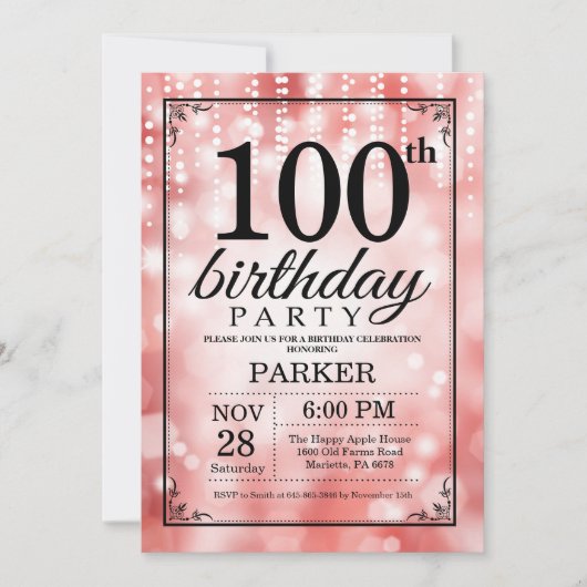 第100誕生日招待状レッドグリッター 招待状 (正面)