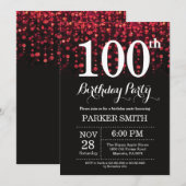 第100誕生日招待状レッドグリッター 招待状 (正面/裏面)