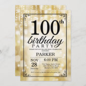 第100誕生日招待状金ゴールドグリッター 招待状 (正面/裏面)