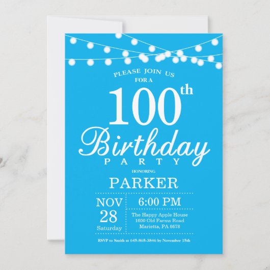 第100誕生日招待状青 招待状 (正面)