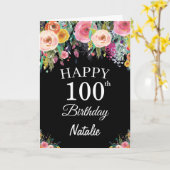 第100誕生日水彩フローラ花花ブラックカード カード (黄色い花)