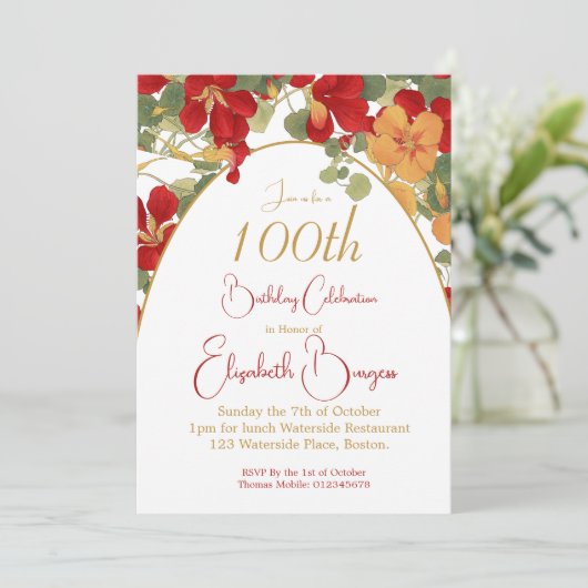 第100誕生日燃えオレンジのアーチ花 招待状 (スタンド正面)