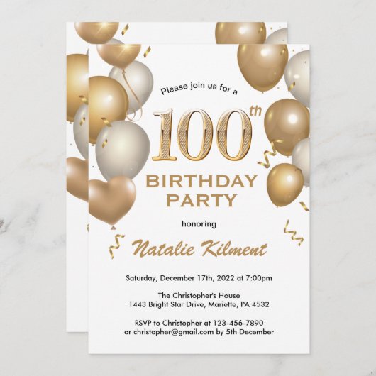 第100誕生日白および金ゴールドグリッターバルーン 招待状 (正面/裏面)