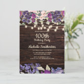 第100誕生日素朴文字列淡い紫フローラ 招待状 (スタンド正面)
