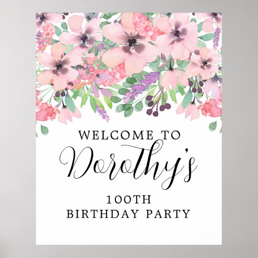 第100誕生日紫ピンク野花ウェルカムサイン ポスター (正面)