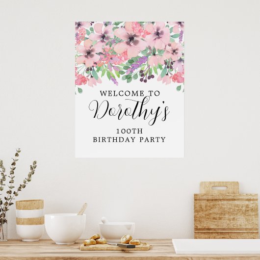 第100誕生日紫ピンク野花ウェルカムサイン ポスター (キッチン)