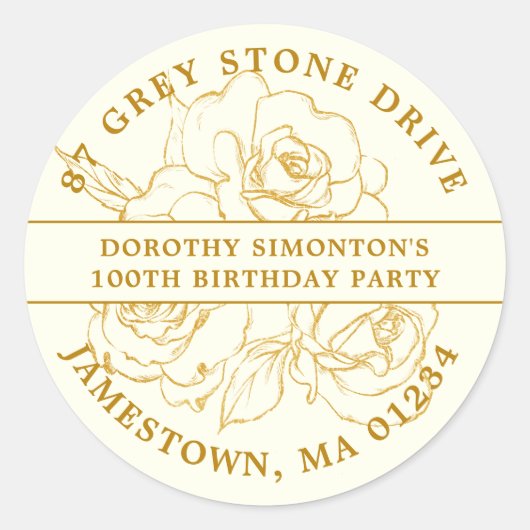 第100誕生日金ゴールドバラ差出人住所ラベル ラウンドシール (正面)