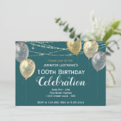 第100誕生日金ゴールド銀グリッターバルーン 招待状 (スタンド正面)