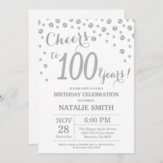 第100誕生日銀グリッターダイヤモンド招待状 招待状 (正面/裏面)