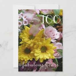 第100誕生祝い-ピンクと黄色のフローラ 招待状